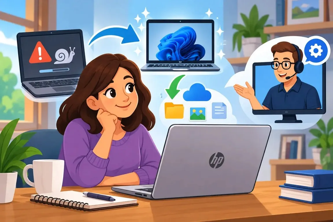 Woman using an HP laptop with illustrations of factory reset, data backup, Windows recovery, and remote computer troubleshooting support.