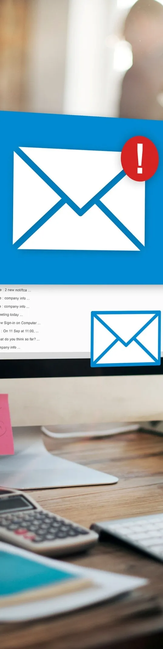 Email Security illustration showing warning alerts on incoming emails displayed on a desktop computer, representing phishing protection and secure email monitoring services.