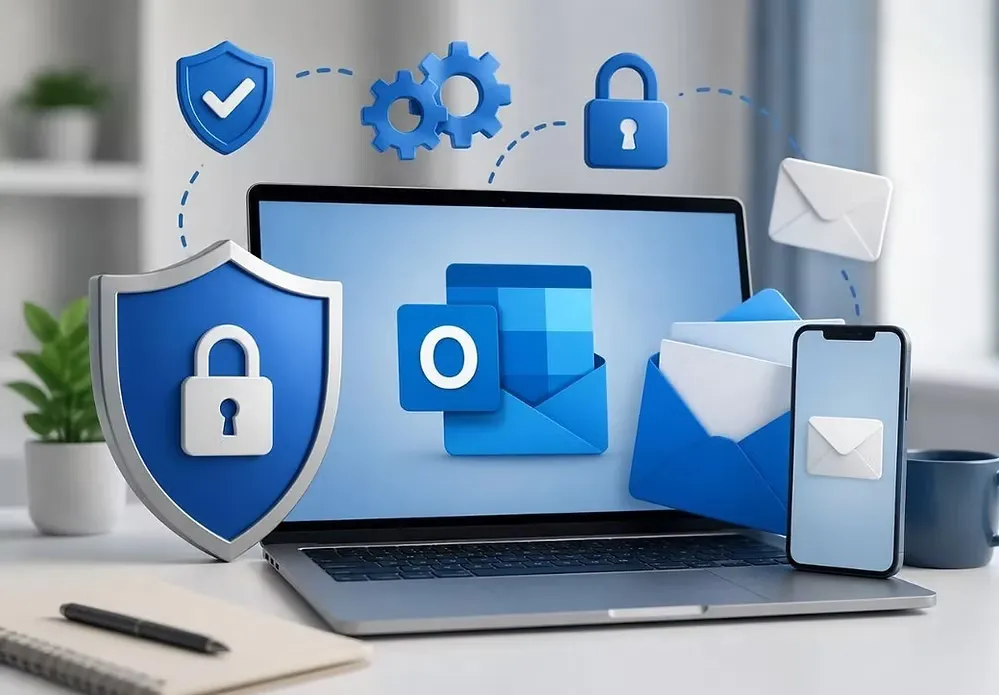 Illustration of Outlook email troubleshooting with a security shield, a laptop, a smartphone, and email icons representing remote email troubleshooting services.