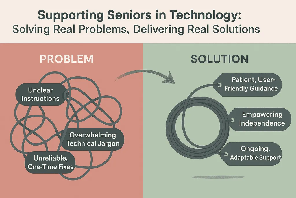 Senior citizen receiving friendly technology support