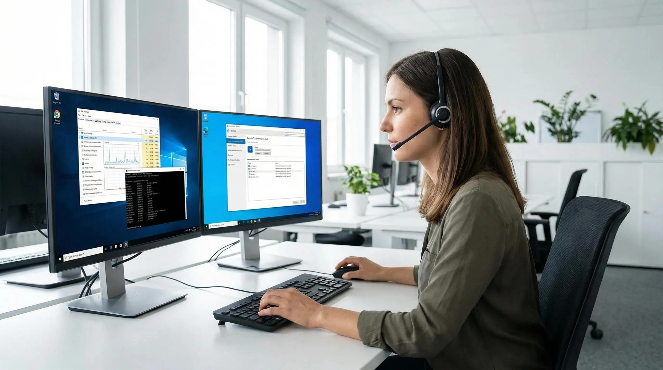 Female remote computer support technician assisting customers